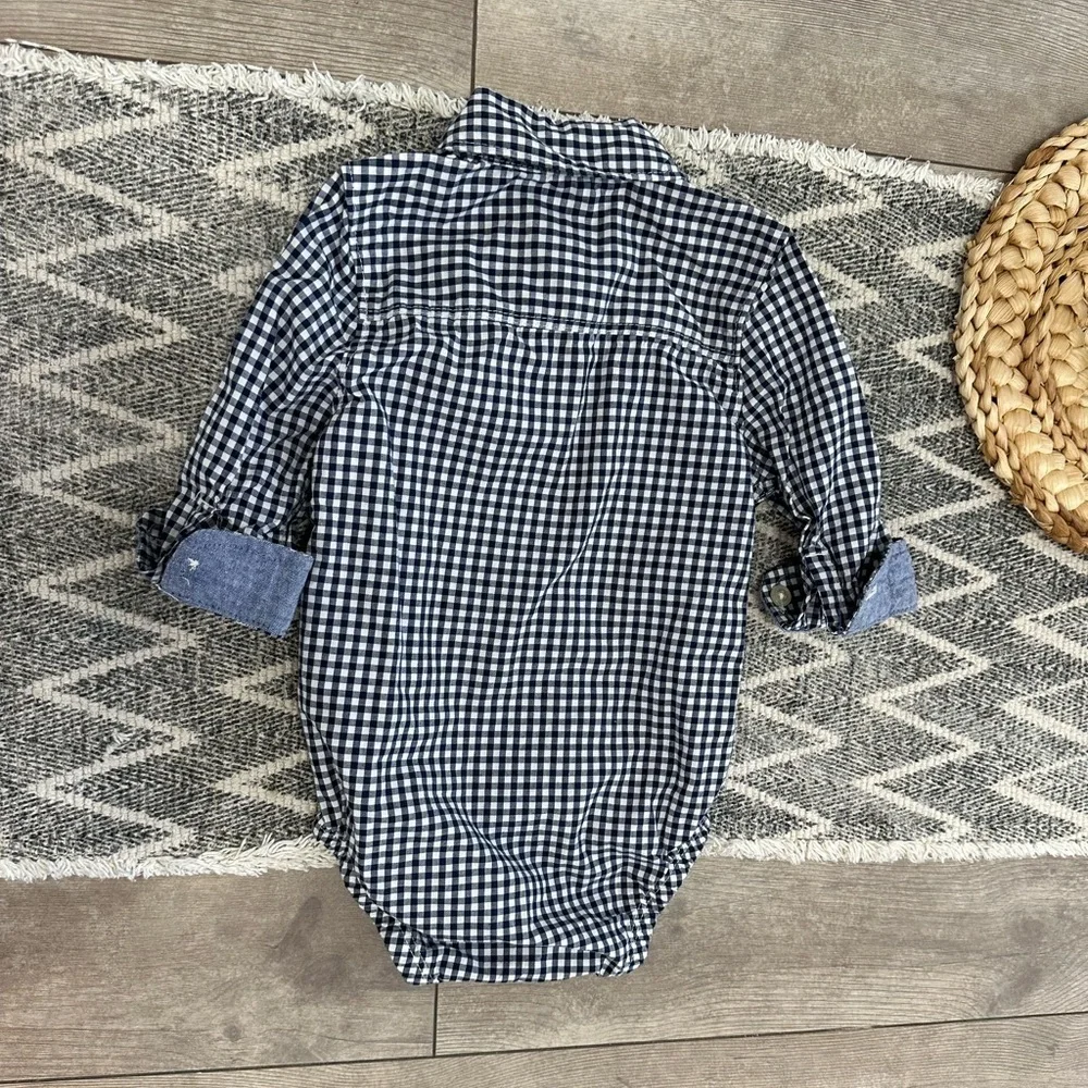 Oshkosh B’Gosh Baby Boy Navy White Gingham Checkered Button-Front Bodysuit